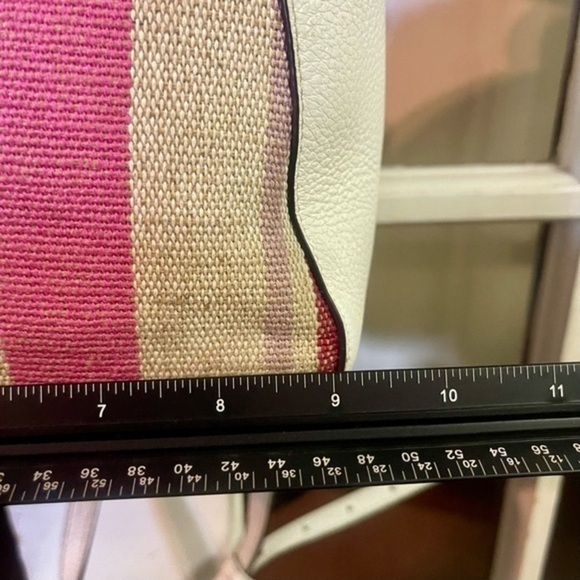 Kate ♠️ Spade White Pebbled Leather Backpack w/ pink, orange, brown fabric front - Picture 13 of 16